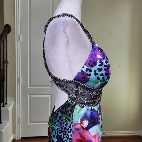 Xscape Y2K Slip Prom Gown Purple 10 Beaded Leopard Print Train Formal Open Back - Picture 13 of 17